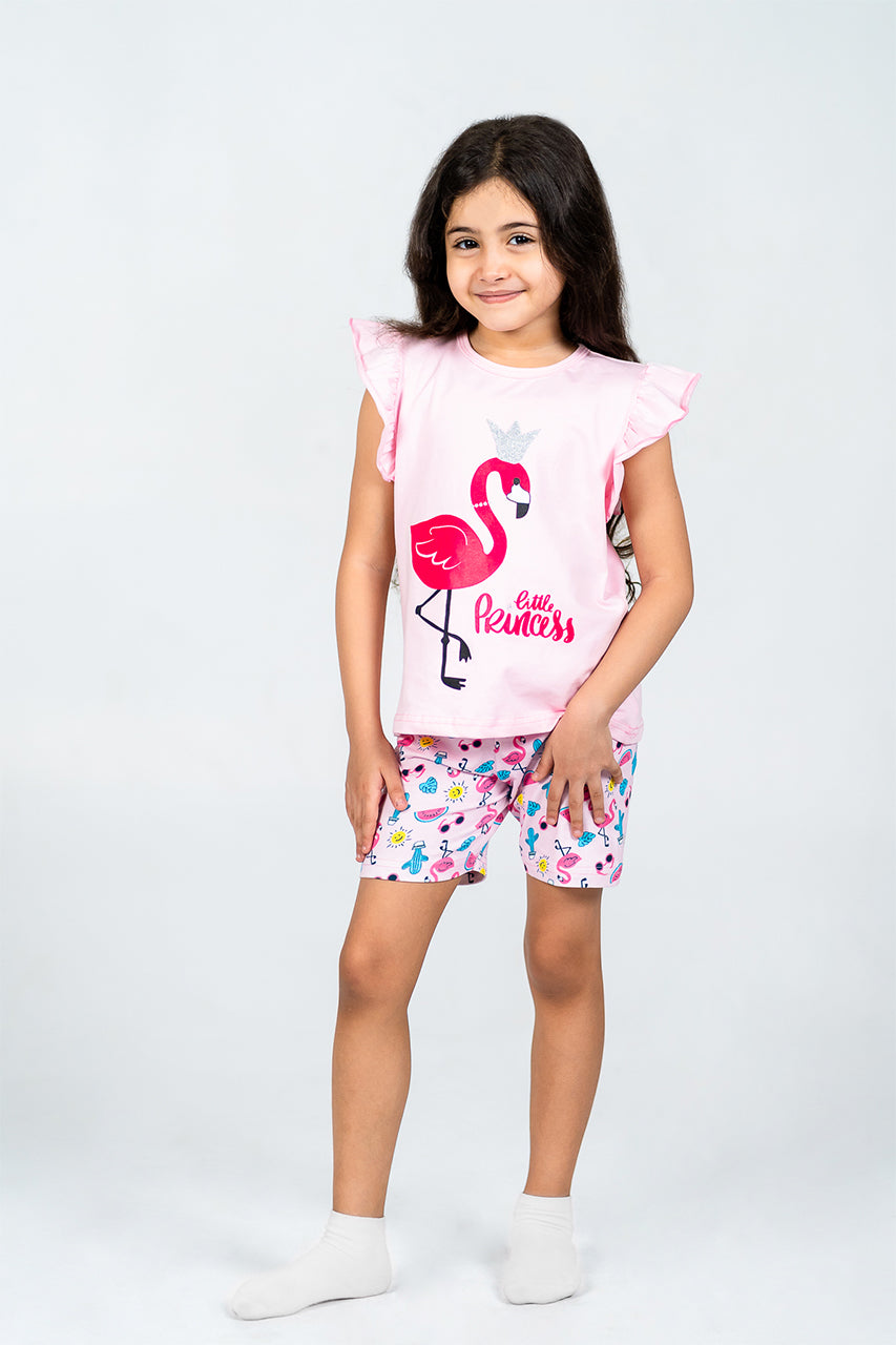 Girls short pajamas Cotton & short sleeves - Little flamingo - front view