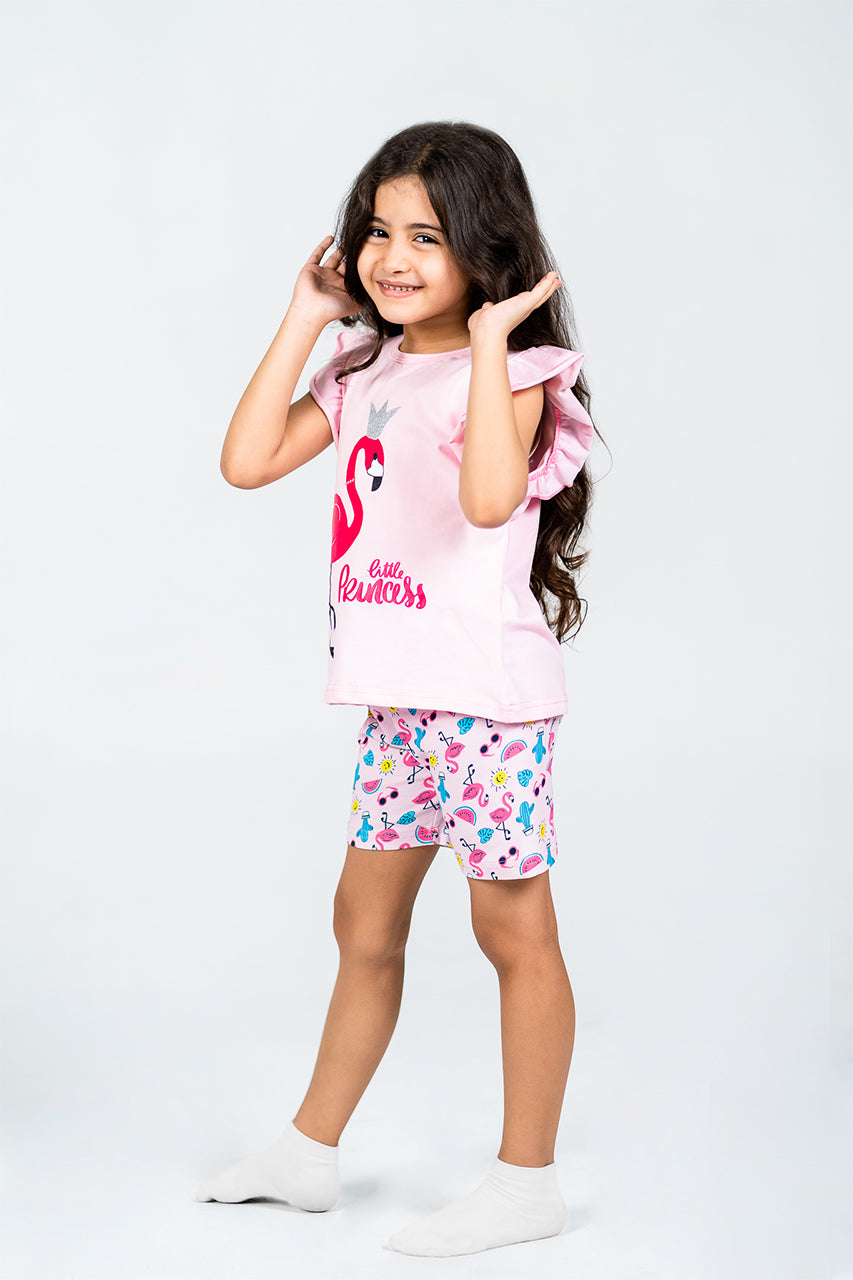 Girls short pajamas Cotton & short sleeves - Little flamingo - side view 2