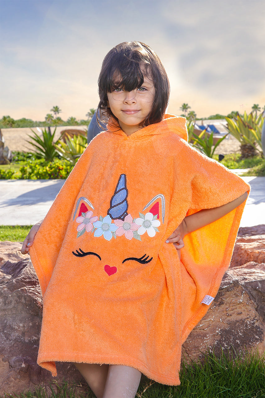 Girl's Poncho Beach Towel orange unicorn