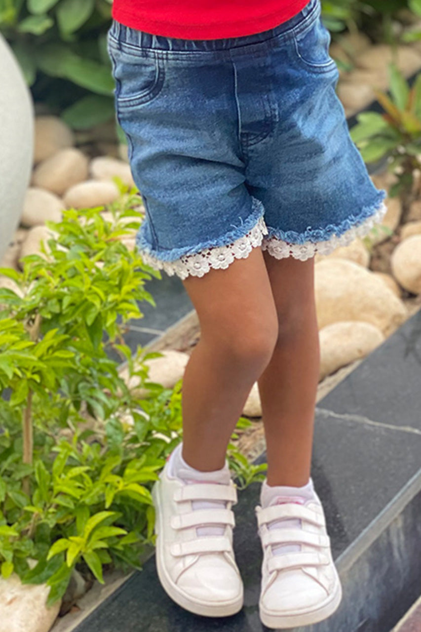 Girls short jeans with Lace at hem - Dark blue