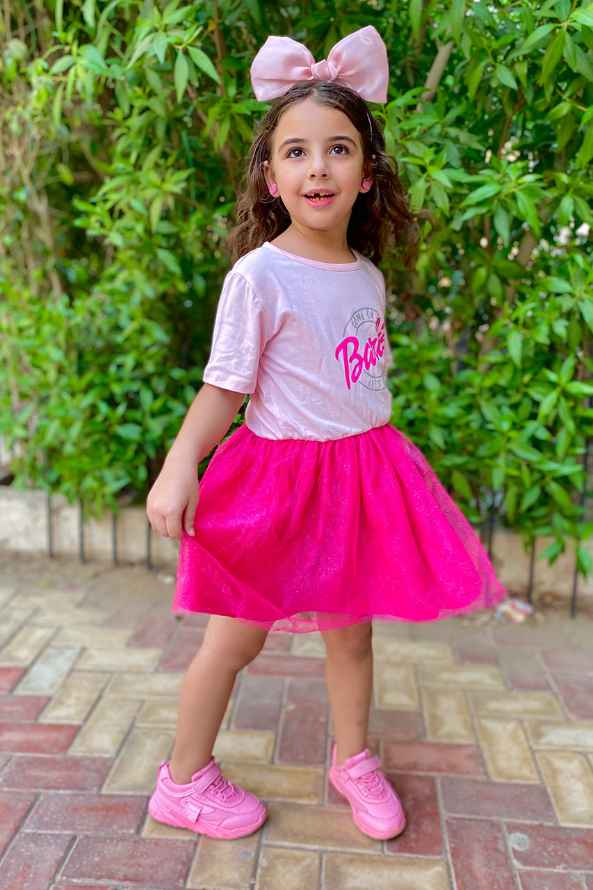 Girls' puffy dress with Barbie printed -  Fuchsia - side view 2