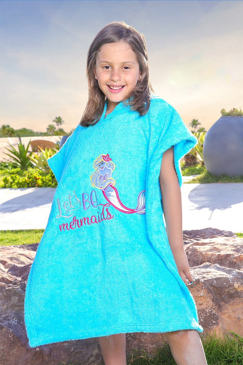 Girl's Towel poncho - Mermaid print Turquoise