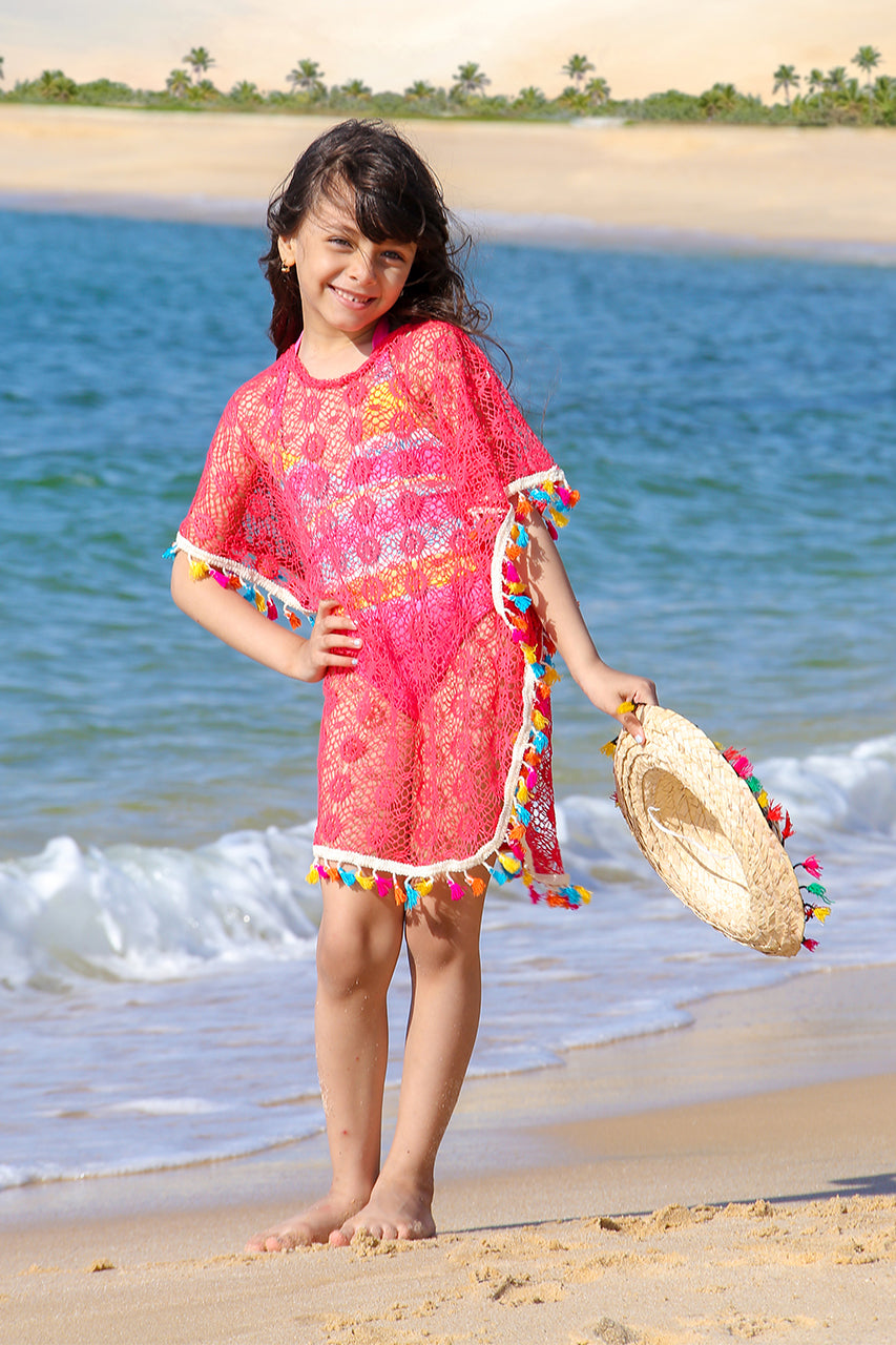 Girls Beach cover up - Coral red mesh