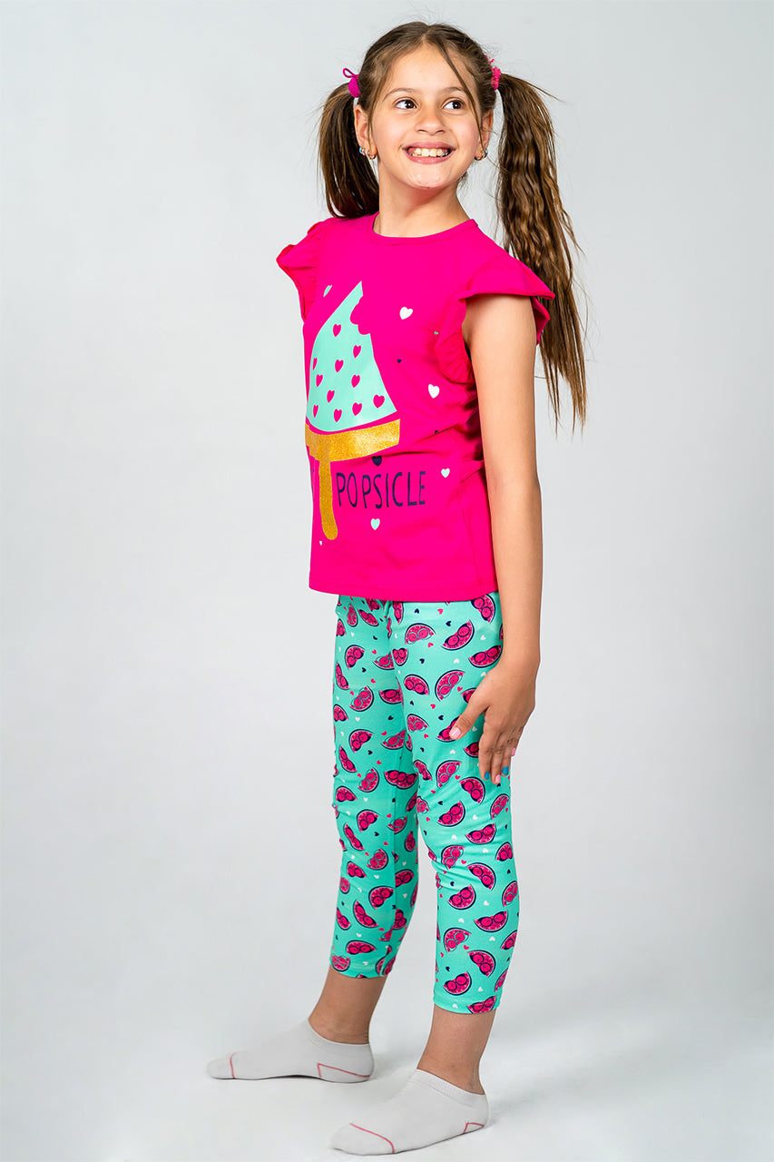 Girls' summer pantacor pajamas - Cotton - watermelon Fuchsia printed- side view