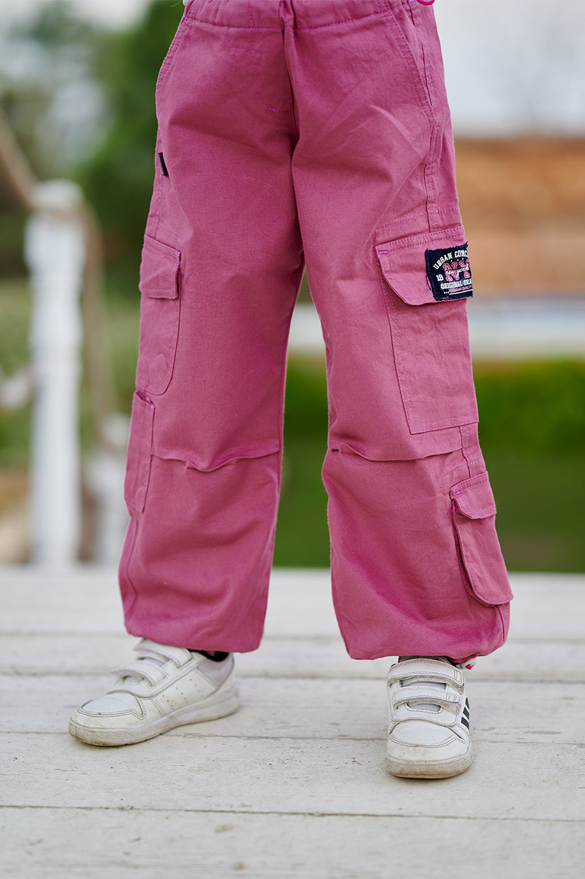 Girls Cargo Gabardine Pants with 'NY 1987' printed - Kashmir