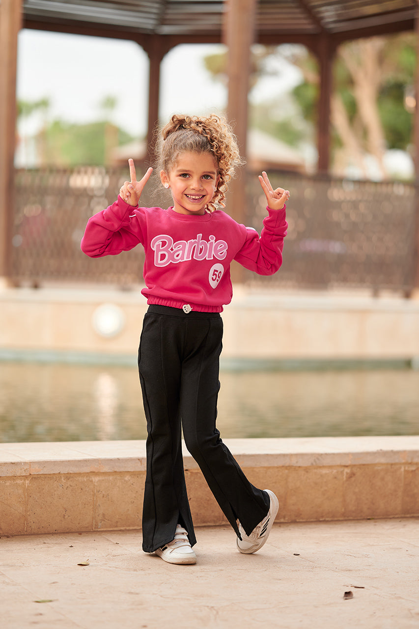 Girls' Fuchsia Crop Sweatshirt with Pink Barbie 59 Print