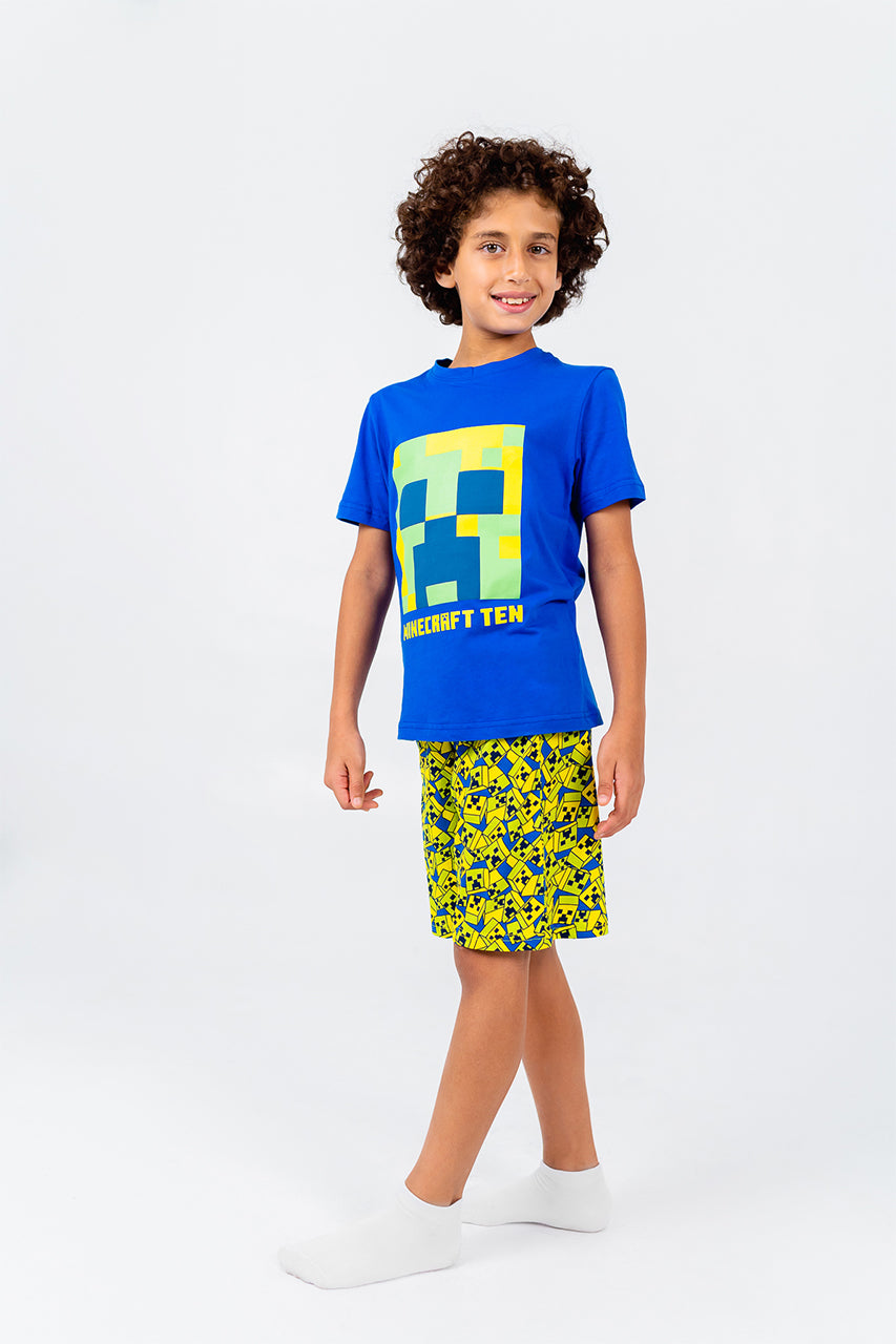 Boys cotton short pajamas with minecraft blue - side view