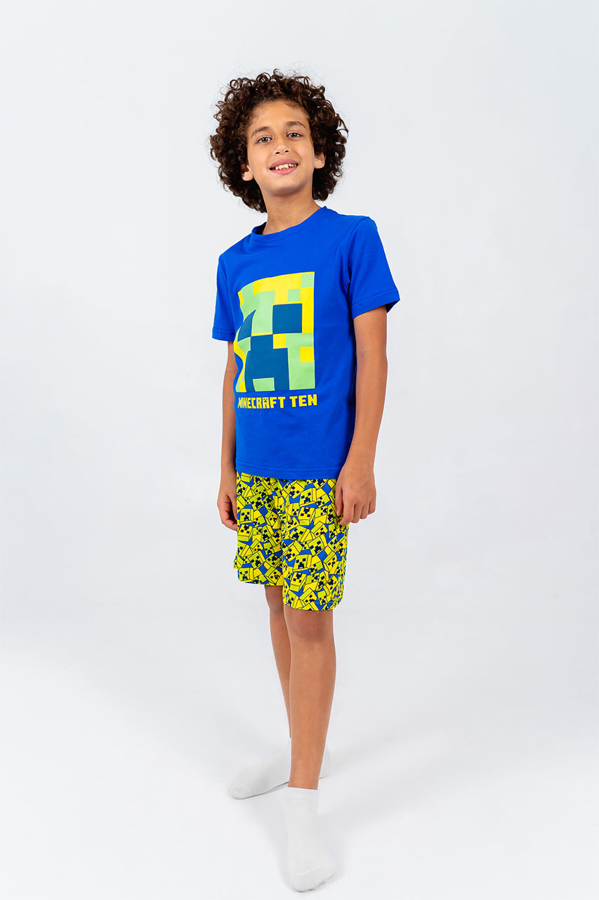 Boys cotton short pajamas with minecraft blue - front view