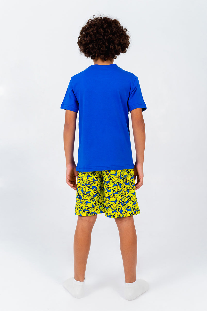 Boys cotton short pajamas with minecraft blue - back view