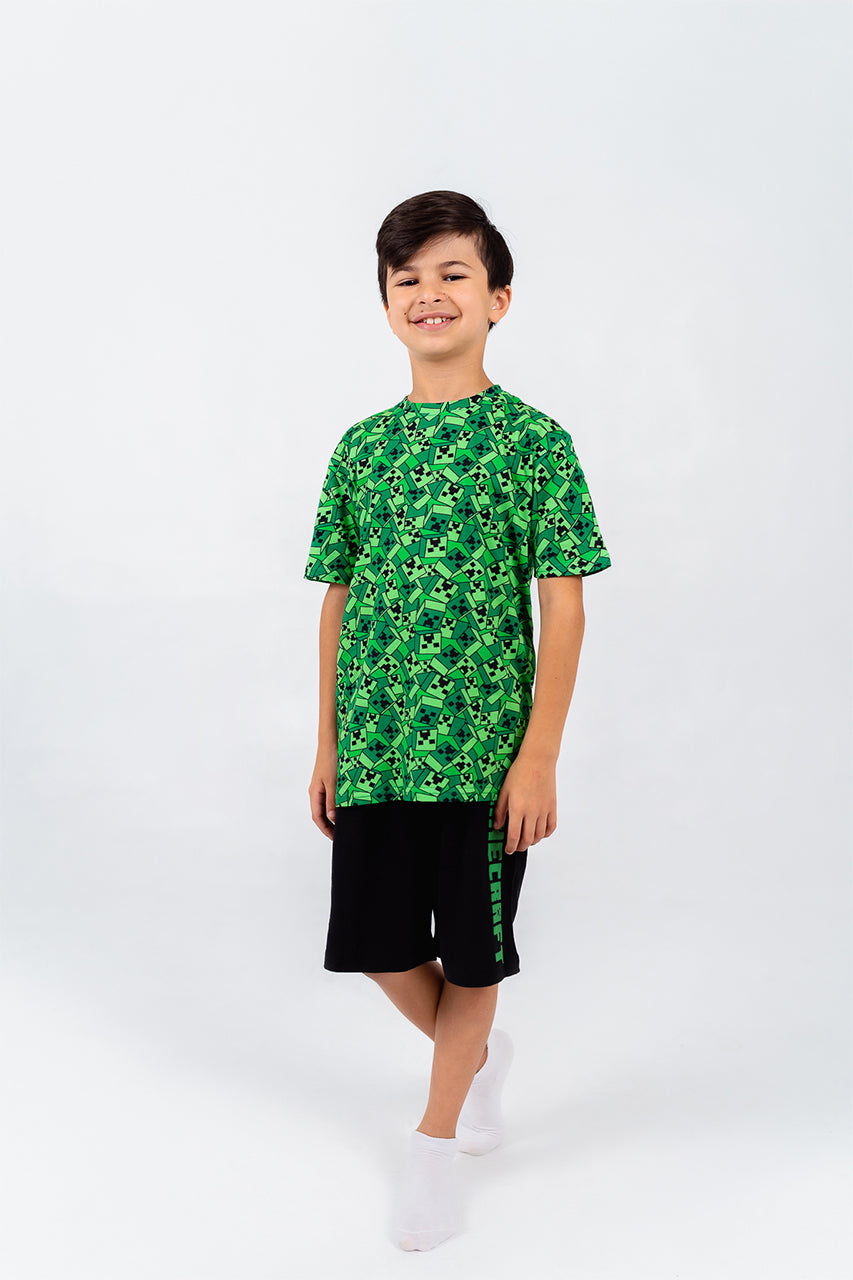 Boys cotton short pajamas with minecraft green - front view