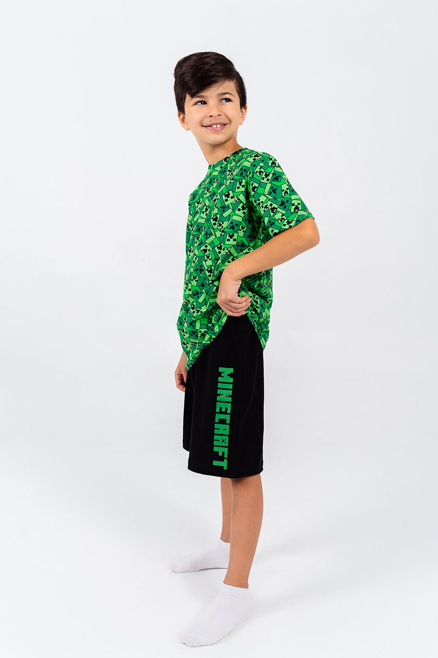 Boys cotton short pajamas with minecraft green - side view