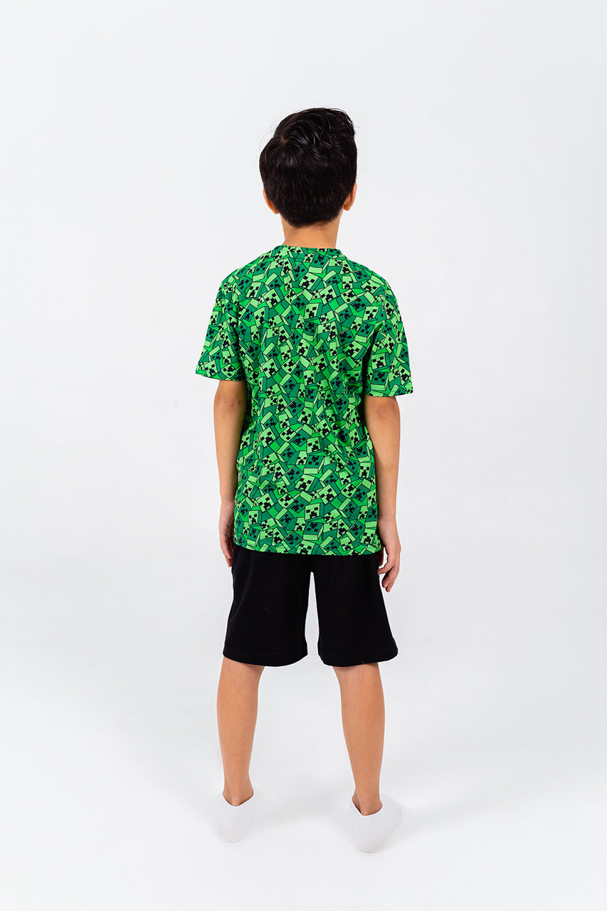 Boys cotton short pajamas with minecraft green - back view