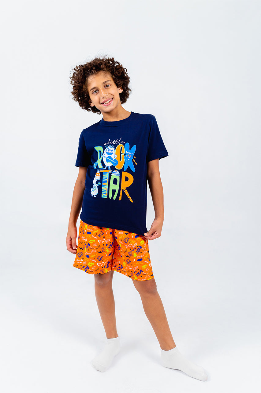 Boys cotton short pajamas with Rock Star blue - front view