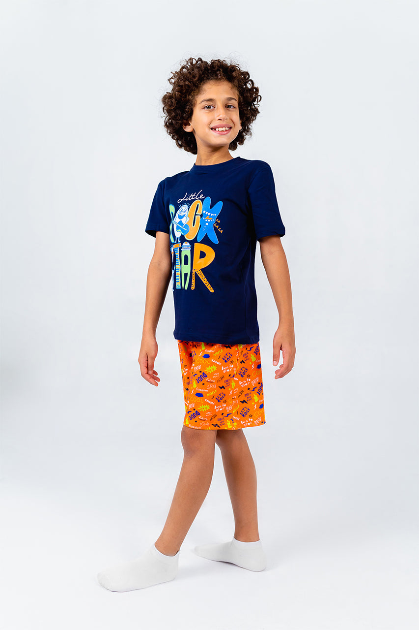 Boys cotton short pajamas with Rock Star blue - side view