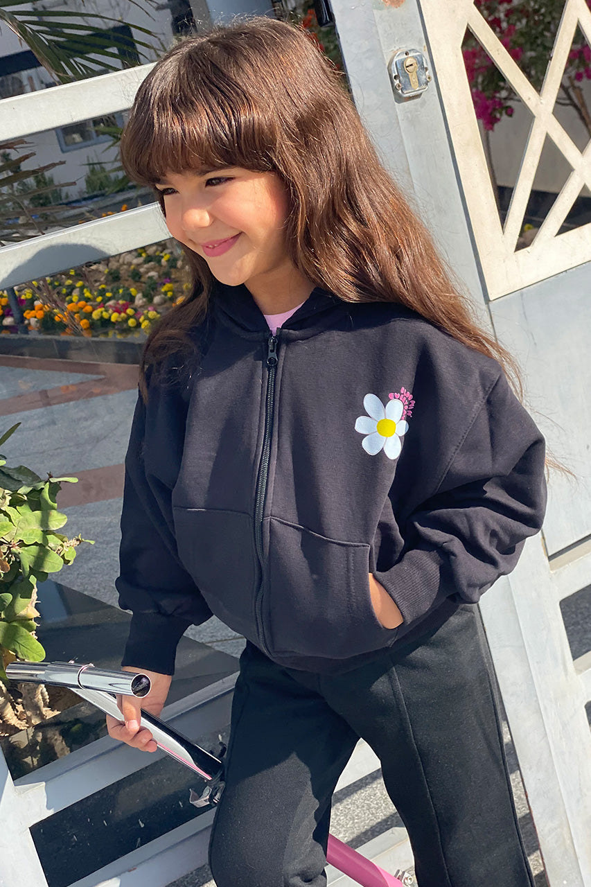 Girls zip-up hoodies with flower printed - Black