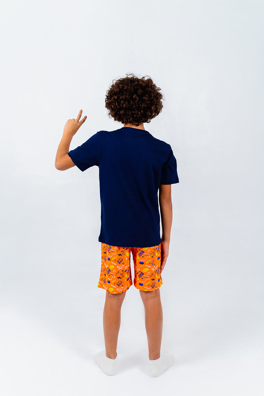 Boys cotton short pajamas with Rock Star blue - back view