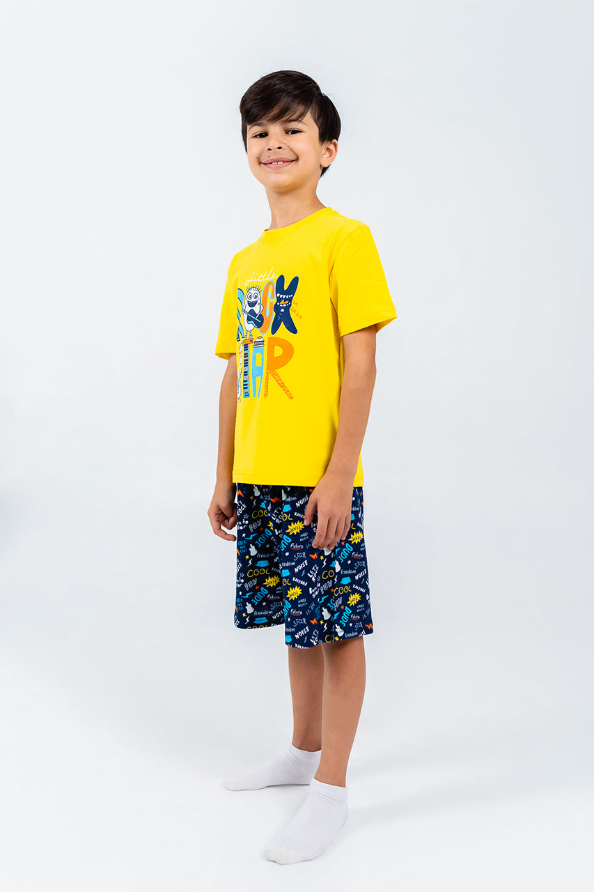Boys cotton short pajamas with Rock Star Yellow - side view