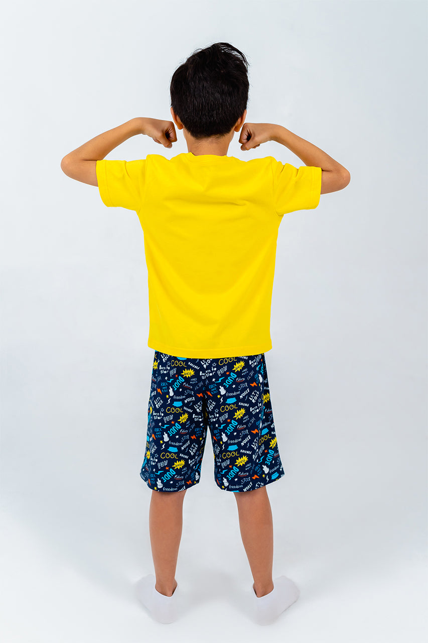 Boys cotton short pajamas with Rock Star Yellow - back view