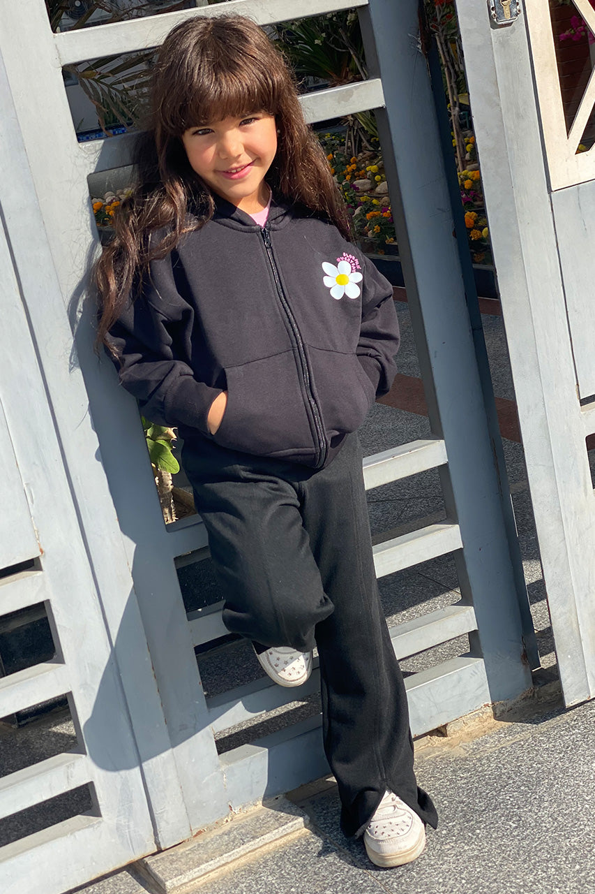 Girls zip-up hoodies with flower printed - Black