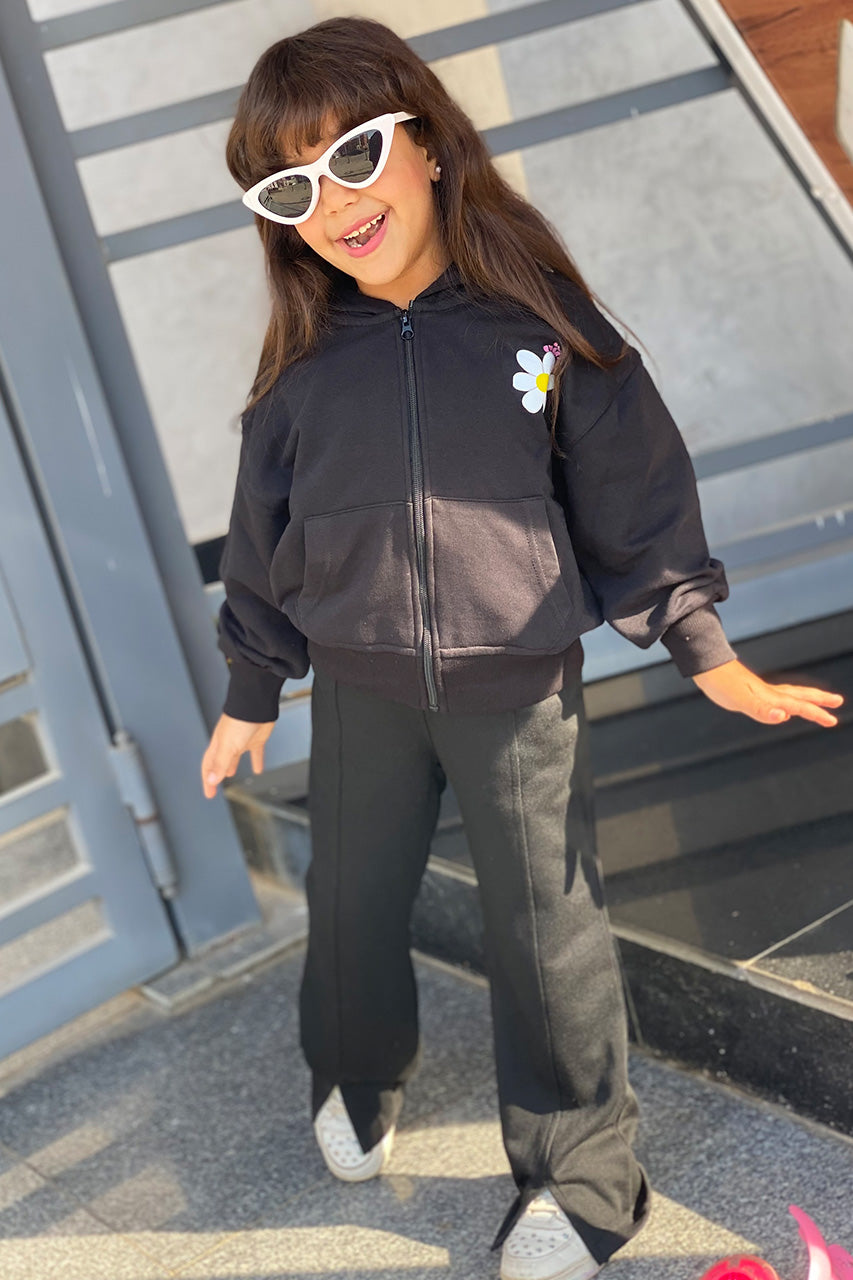 Girls zip-up hoodies with flower printed - Black