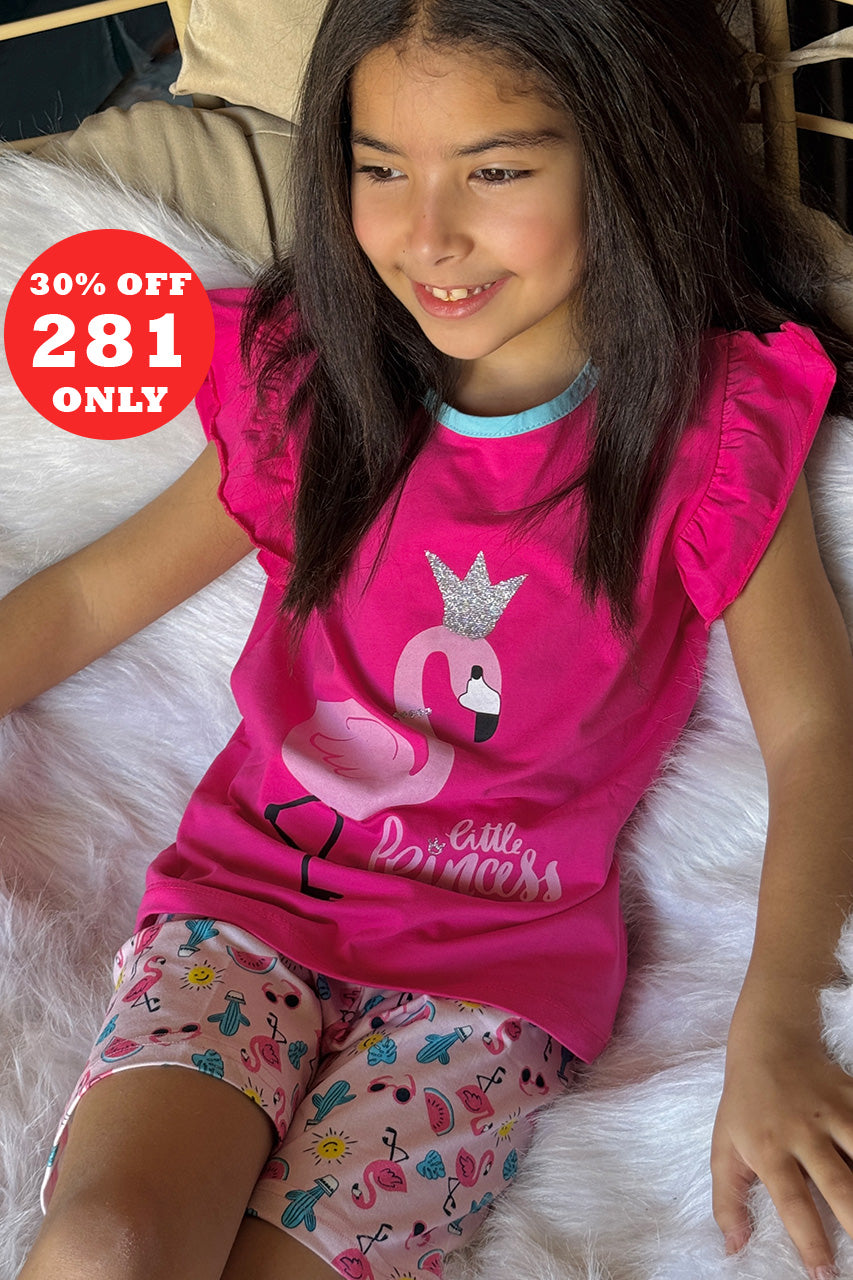 Girls cotton pajamas with Flamingo printed - Fuchsia allover