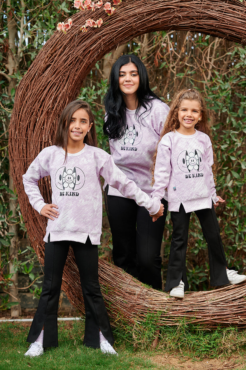 Girls crew neck Sweatshirt with Be Kind Printed - purple Tie Dye