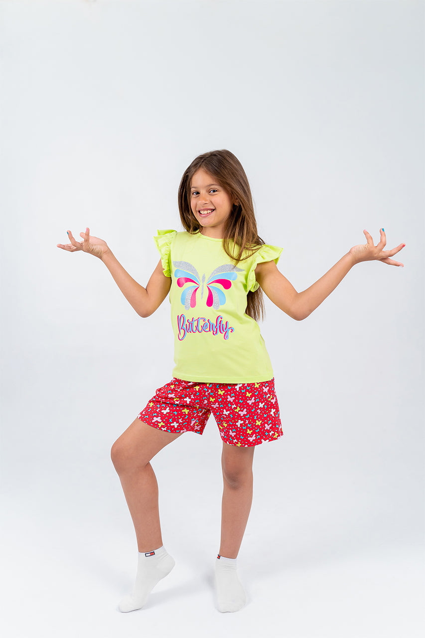 Girls cotton Short pajamas with light green butterfly printed - side view
