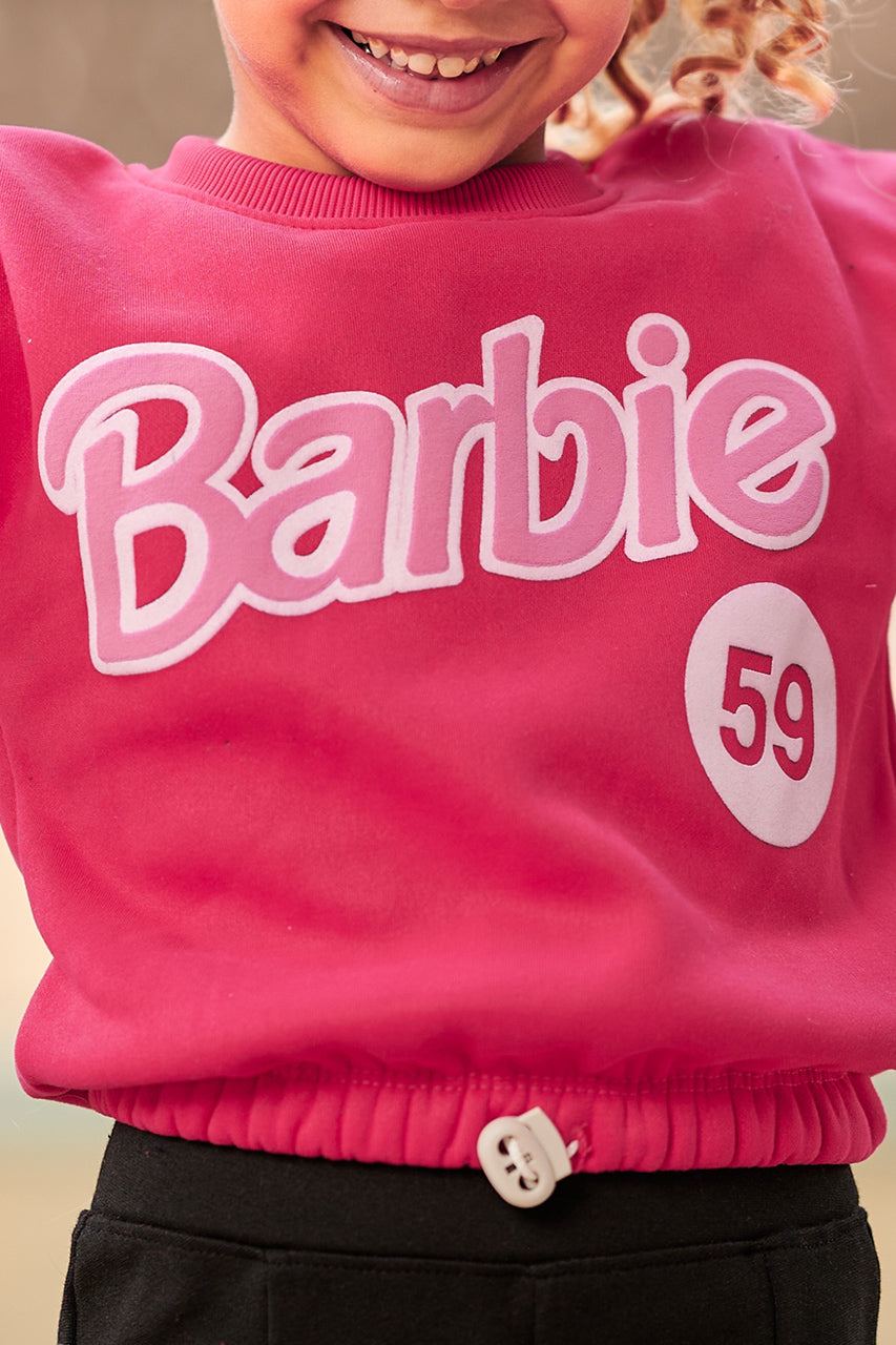 Girls' Fuchsia Crop Sweatshirt with Pink Barbie 59 Print