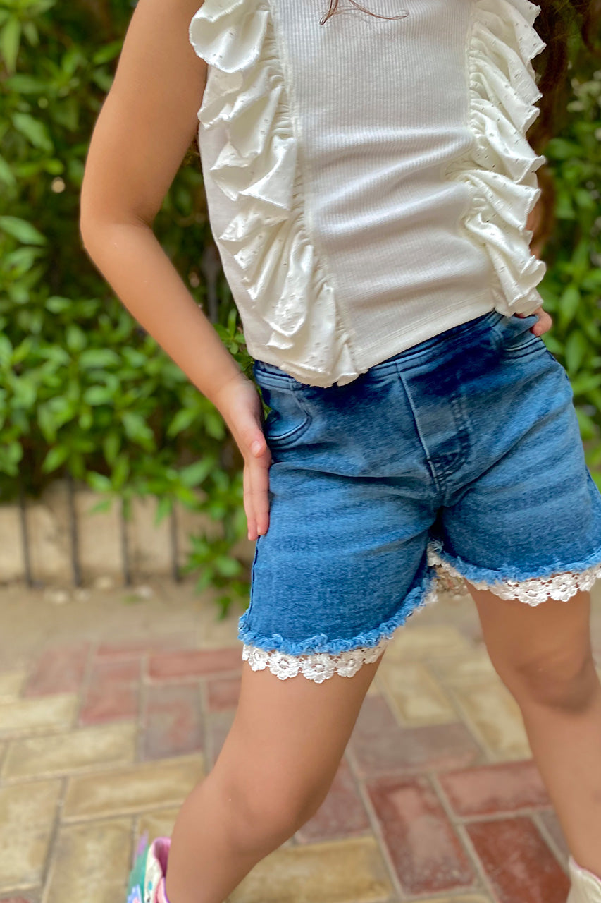 Girls short jeans with Lace at hem - Dark blue