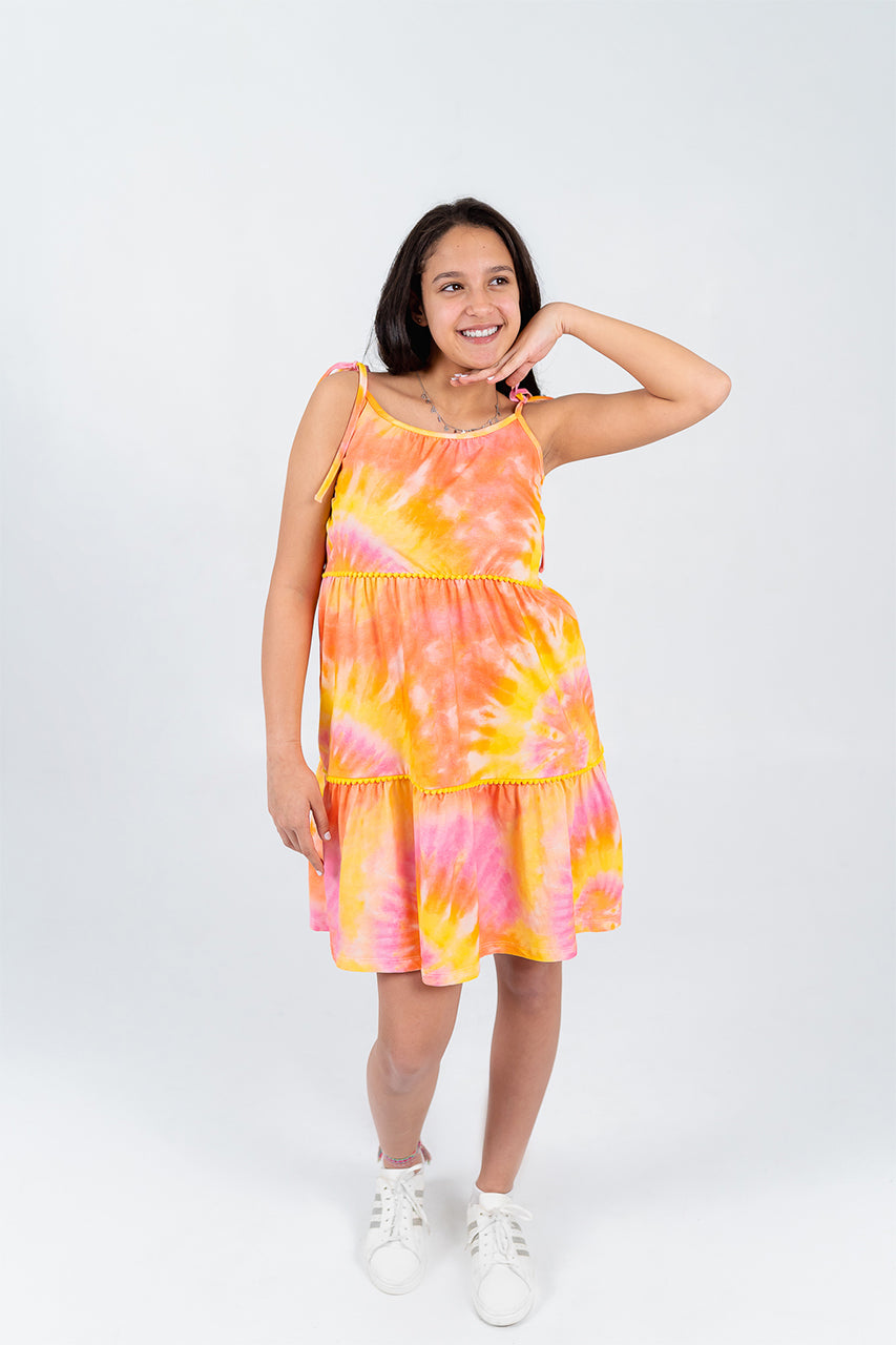 فستان بناتي خروج قطن بطبعة ألوان برتقالية صيفية