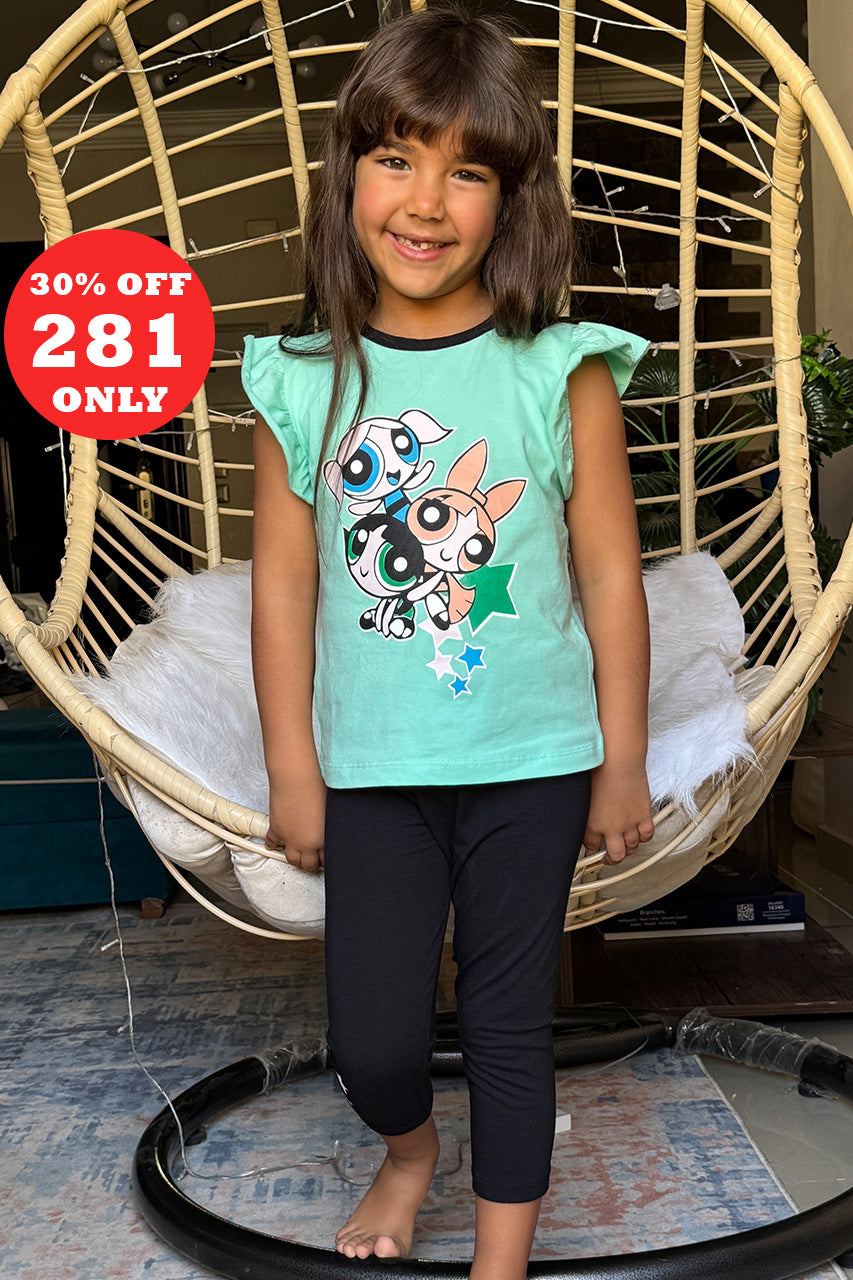 Girls cotton pajamas with Powerpuff printed - Aqua