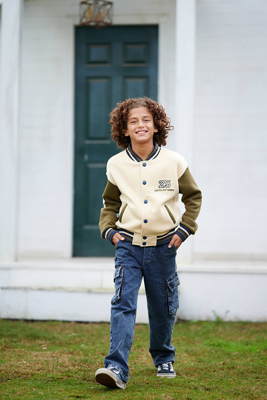 Boys Beige Baseball jacket with Pockets and Front Buttons