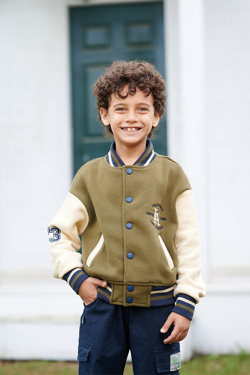 Boys Olive Baseball jacket with Pockets and Front Buttons
