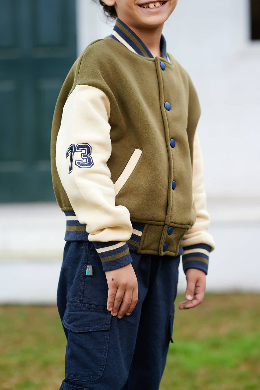 Boys Olive Baseball jacket with Pockets and Front Buttons