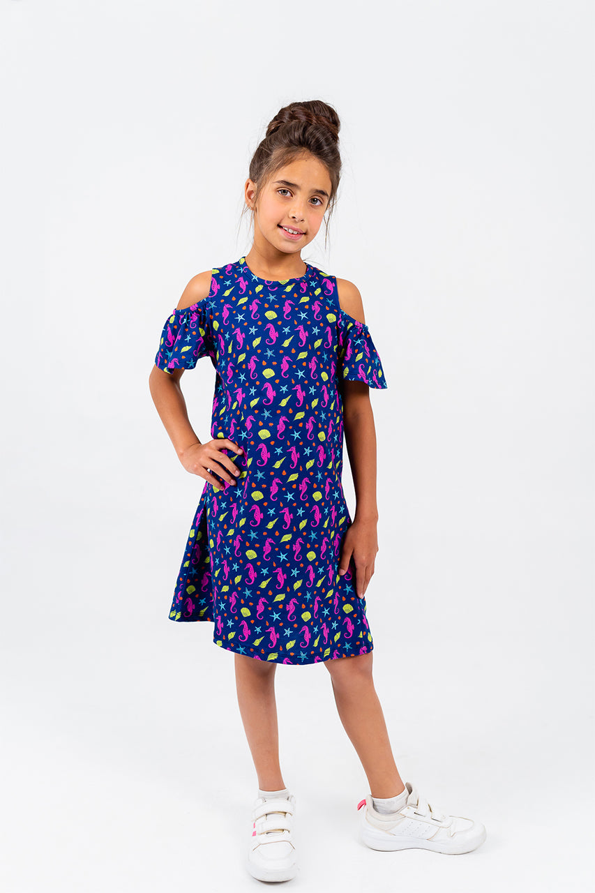 Girls Cotton Dress with Seashell printed front view