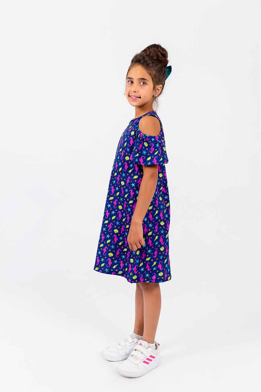 Girls Cotton Dress with Seashell printed side view