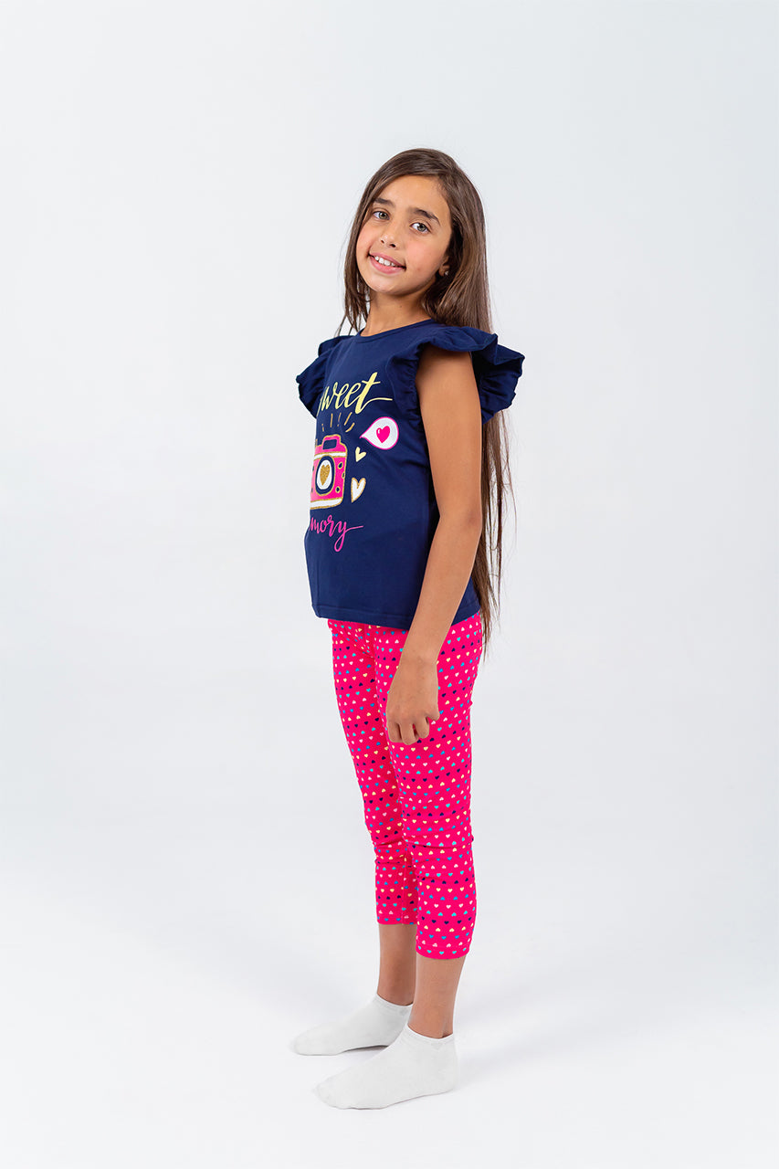 Girls summer cotton pajamas with ruffle sleeves - sweet memory - side view