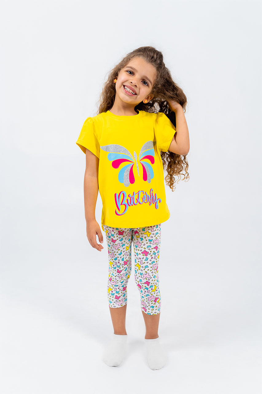 Girls summer cotton pajamas - yellow butterfly - front view