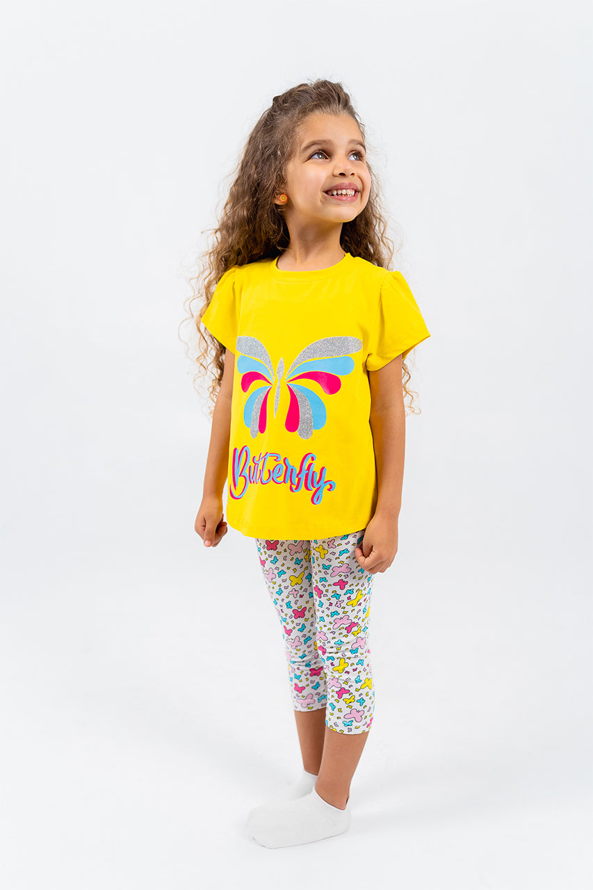Girls summer cotton pajamas - yellow butterfly - side view