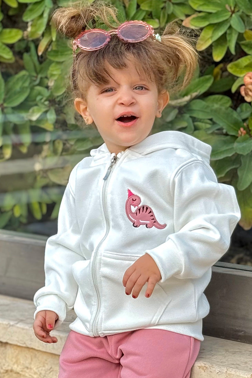 Girls zip-up hoodies with kangaroo printed - White