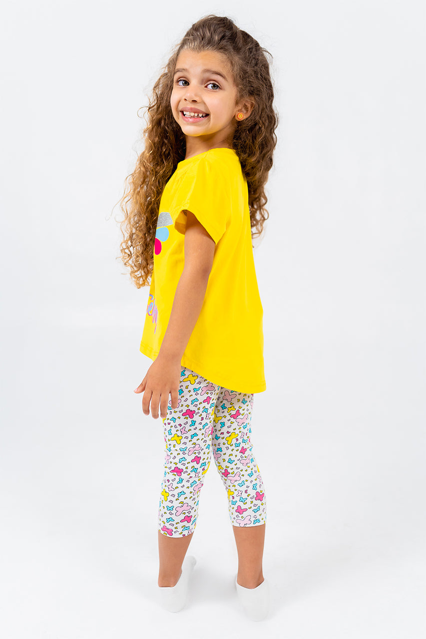 Girls summer cotton pajamas - yellow butterfly - side view 2