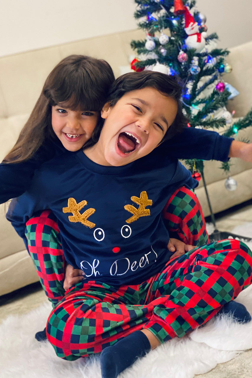 Winter family Matching Christmas pajamas with A deer embroidery - Navy