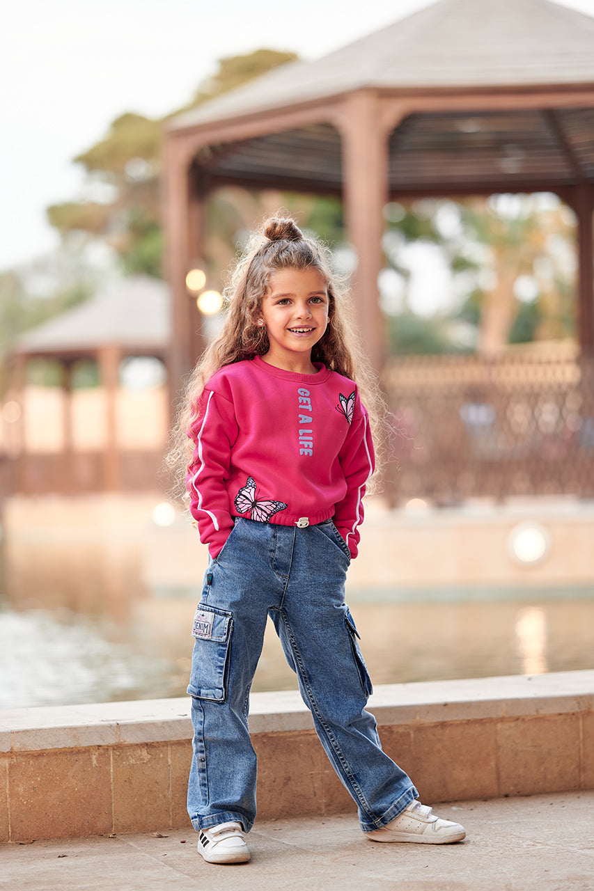 Girl's cargo jeans pants with flap pocket on both sides