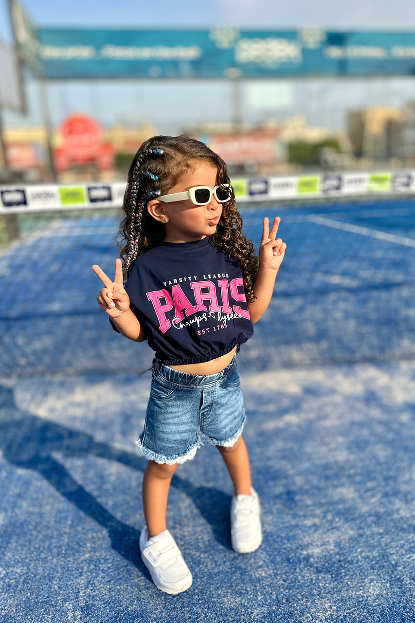 Girls crop t-shirt with Paris printed - Navy