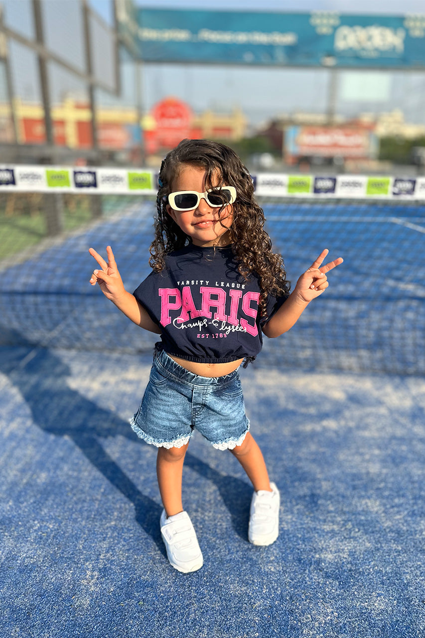 Girls crop t-shirt with Paris printed - Navy