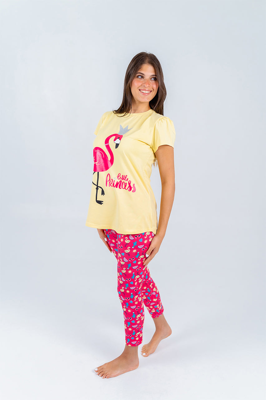 Mommy & me matching summer Cotton pajamas-Little flamingo - side view