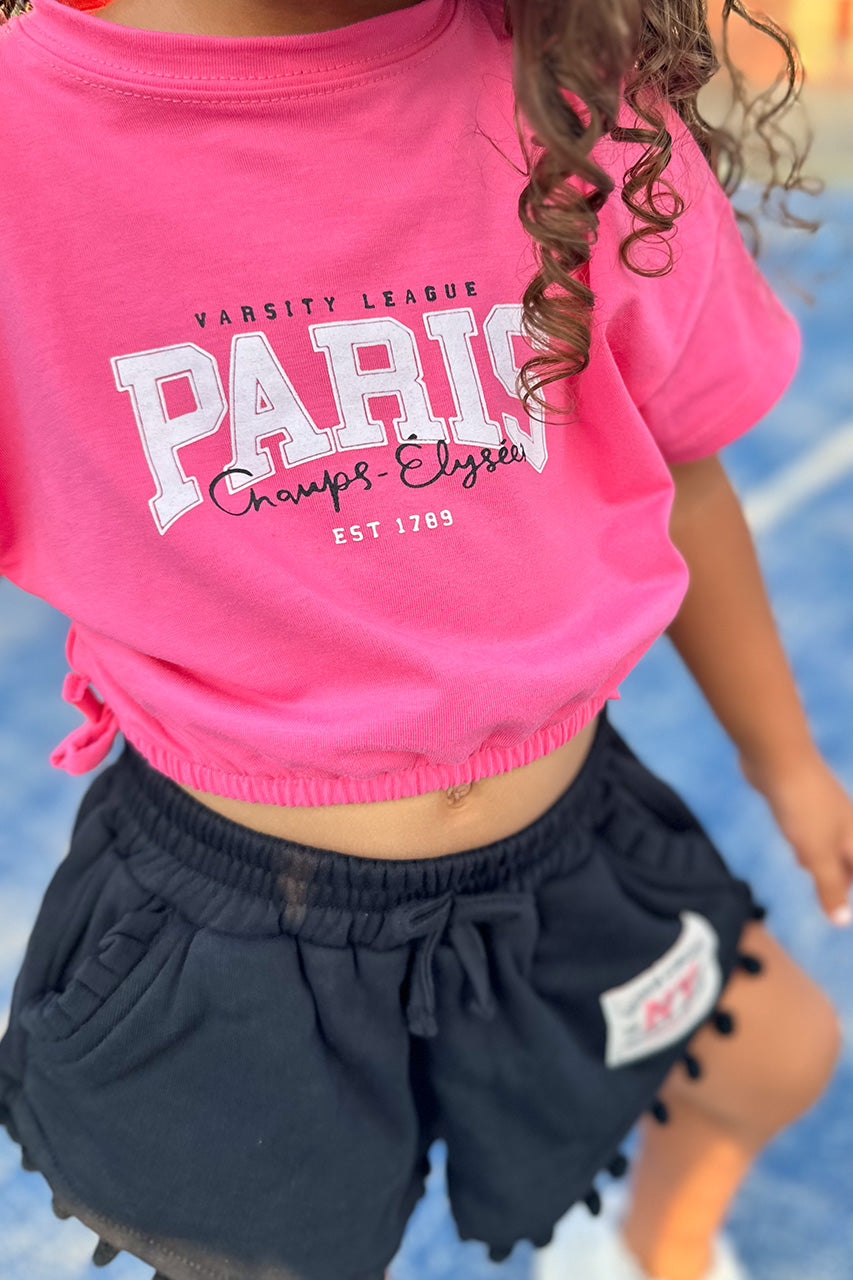 Girls crop t-shirt with Paris printed - Fuchsia - with black short