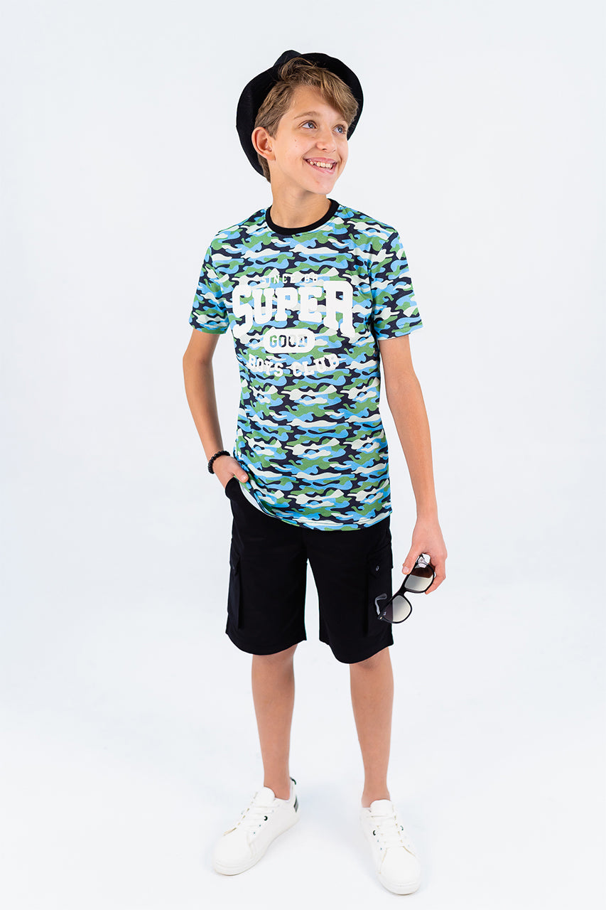 Boys cotton t-shirt with super army green - front view