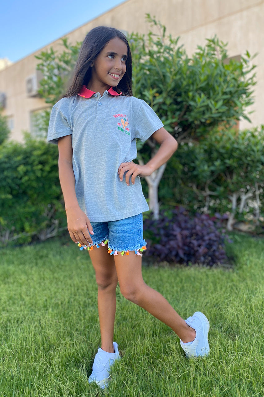 Girl's cotton polo t-shirt - Gray &  Fuchsia