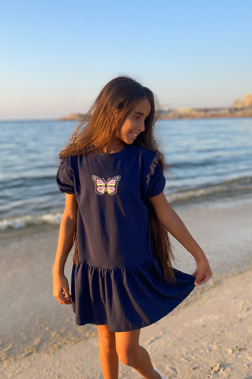 Girls' Cotton dress - with Butterfly printed - Navy - front view